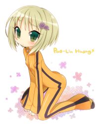  blonde_hair bodysuit bruce_lee&#039;s_jumpsuit chibi commentary_request female flower green_eyes hair_ornament hairclip huang_baoling inuue_kiyu orange_bodysuit photoshop_(medium) short_hair solo tiger_&amp;_bunny 