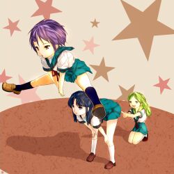  3girls asakura_ryouko bad_id bad_pixiv_id bent_over blue_eyes blue_hair blue_sailor_collar blue_skirt gi_cobalt green_eyes green_hair jumping kanchou kimidori_emiri kita_high_school_uniform leap_frog long_hair multiple_girls nagato_yuki purple_hair sailor_collar school_uniform serafuku short_hair short_sleeves skirt summer_uniform suzumiya_haruhi_no_yuuutsu yellow_eyes 