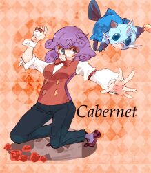  blue_eyes cabernet_(pokemon) dewott female kneeling open_mouth poke_ball pokemon purple_hair short_hair 