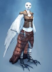  anthro armor avian bird blade blue_eyes bottomwear claws clothing feathered_wings feathers female hammer horned_owl jewelry leather loincloth machine metal owl pose simple_background snowy_owl solo standing theowlette tools true_owl white_body white_feathers wings 