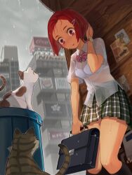  :o bag banned_artist blush bow bra burger_king coca-cola commentary_request feline green_skirt hair_ornament hairclip kfc miniskirt nikon_(company) original photo-referenced plaid plaid_skirt pleated_skirt rain red_eyes red_hair school_bag school_uniform see-through shirt short_hair skirt solo underwear watch wet wet_clothes wet_shirt wristwatch xil 