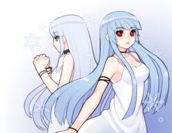  2girls blue_hair character_request dress green_eyes ice long_hair multiple_girls open_mouth prayer red_eyes silver_hair snowflake snowflakes 