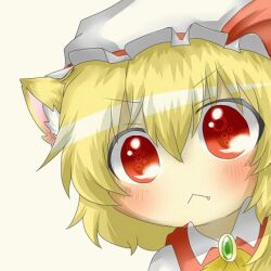  :&lt; animal_ears animated animated ascot blonde_hair blush cat_ears chibi close-up commentary_request ear_wiggle female flandre_scarlet hat kemonomimi_mode lowres oerba_yun_fang rebecca_(keinelove) red_eyes shirt short_hair solo touhou 