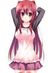  arms_up black_skirt blush casual commentary_request female hisae_(hisae_collect) kousaka_tamaki long_hair looking_at_viewer miniskirt pleated_skirt red_hair simple_background skirt solo thighhighs to_heart_(series) to_heart_2 yellow_eyes 