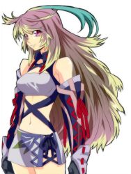  ahoge bad_id bad_pixiv_id banana-tan blonde_hair choker dyed_ahoge elbow_gloves female gloves green_hair long_hair microskirt midriff milla_maxwell multicolored_hair navel red_eyes shirt skirt smile solo strapless tales_of_(series) tales_of_xillia taut_clothes taut_shirt tube_top two-tone_hair white_skirt 