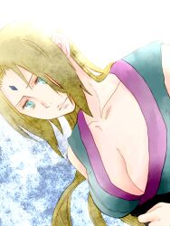  blonde_hair blue_eyes breasts cleavage facial_mark forehead_mark long_hair naruto solo tsunade yagiriharuya 