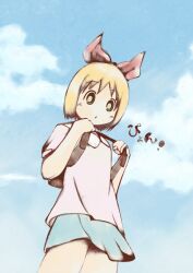  annaka_(nichijou) annaka_haruna blonde_hair cloud clouds hair_ribbon highres master_621 nichijou perspective ribbon short_hair sky 