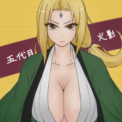  bamiras1105 blonde_hair breasts brown_eyes cleavage facial_mark female forehead_mark long_hair naruto nayuta_(bamiras1105) solo tsunade 