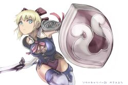  bad_id bad_pixiv_id blonde_hair blue_eyes bow breasts cassandra_alexandra cleavage cleavage_cutout clothing_cutout elbow_gloves female gloves hairbow medium_breasts necktie photoshop_(medium) pink_necktie shield short_hair simple_background solo soulcalibur soulcalibur_iv sword tea_(nakenashi) thighhighs weapon 