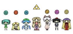  6+girls antennae armor arms_behind_back bad_id bad_pixiv_id black_hair blonde_hair blue_hair bow chest_sarashi chibi cosplay crossed_arms darunia fujiwara_no_mokou gerudo green_hair grey_hair hairbow hat hijiri_byakuren horns hoshiguma_yuugi impa impa_(cosplay) kawashiro_nitori key kurokoori long_hair monster_girl multicolored_hair multiple_girls nabooru nabooru_(cosplay) parody princess_ruto princess_ruto_(cosplay) princess_zelda princess_zelda_(cosplay) purple_hair rauru_(ocarina_of_time) rauru_(ocarina_of_time)_(cosplay) sarashi saria_(zelda) saria_(zelda)_(cosplay) shameimaru_aya simple_background single_horn sitting the_legend_of_zelda the_legend_of_zelda:_ocarina_of_time tokin_hat touhou triforce two-tone_hair white_background wide_face wriggle_nightbug yakumo_yukari 