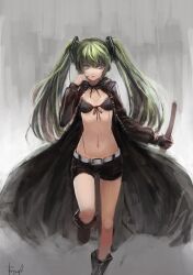  belt bikini bikini_top_only black_bikini black_rock_shooter black_rock_shooter_(character) black_rock_shooter_(character)_(cosplay) black_shorts boots bryanth commentary_request cosplay female front-tie_top gloves green_eyes green_hair hatsune_miku headset highres long_hair navel no_shirt photoshop_(medium) short_shorts shorts solo stitches swimsuit sword twintails vocaloid weapon 