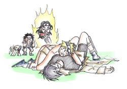  akamaru_(naruto) breasts fire fishnets greenapplefreak inuzuka_kiba mitarashi_anko naruto sleeping yuuhi_kurenai 