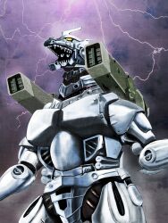  commentary_request godzilla:_tokyo_s.o.s. godzilla_(series) godzilla_against_mechagodzilla_(2002) kaijuu lightning mecha mechagodzilla no_humans photoshop_(medium) puchikotei roaring robot solo type-3_kiryuu weapon 