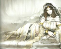  artist_request breasts brown_hair dark_souls_(series) dark_souls_i female large_breasts midriff navel official_art pale_skin photoshop_(medium) queen_of_sunlight_gwynevere smile solo thigh_gap white_theme 