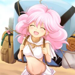  83pikoru ^_^ backpack bag big_hair breasts closed_eyes commentary_request crop_top female groin lowres medium_breasts midriff navel open_mouth pink_hair rance_(series) sill_plain smile solo 