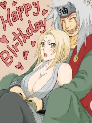  blonde_hair blush breasts brown_eyes cleavage closed_eyes facial_mark forehead_mark fugasi happy_birthday jiraiya large_breasts naruto open_mouth tegaki tsunade white_hair 