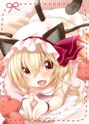  all_fours animal_ears bad_id bad_pixiv_id blonde_hair blush cat_ears cat_tail dotted_line female flandre_scarlet hat hat_ribbon heart kemonomimi_mode oerba_yun_fang open_mouth panties photoshop_(medium) red_eyes ribbon solo strap_slip tail tongue tongue_out touhou undershirt underwear underwear_only white_panties wrist_cuffs yukiu_con 