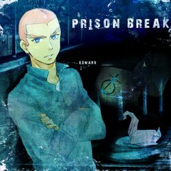  1boy animification bad_id bad_pixiv_id blue_eyes crossed_arms edward_keddy ichii_(jessie) male_focus origami parody photoshop_(medium) prison_break_(series) prisoner red_hair solo tiger_&amp;_bunny 