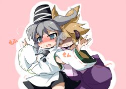  2girls blush brown_hair commentary_request earmuffs empty_eyes grabbing grabbing_another&#039;s_breast grey_eyes grey_hair hand_under_clothes hand_under_shirt heavy_breathing japanese_clothes long_sleeves mononobe_no_futo multiple_girls outstretched_arms ponytail shaded_face shirt short_hair simple_background touhou toyosatomimi_no_miko yetworldview_kaze yuri 