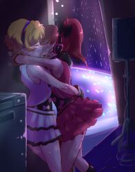  2girls bare_shoulders blonde_hair blush bow closed_eyes commentary_request dress gloves glowstick hairbow harune_aira headset kissing long_hair multiple_girls photoshop_(medium) ponytail pretty_rhythm pretty_rhythm_aurora_dream pretty_series red_hair shimetta_seiya short_hair stage sweat takamine_mion yuri 