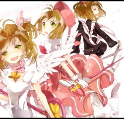  bad_id bad_pixiv_id brown_hair cardcaptor_sakura chidori_(@rom) choker dress female fuuin_no_tsue glove_bow gloves green_eyes hat hoshi_no_tsue kinomoto_sakura kinomoto_sakura_(magic_dream_costume) kinomoto_sakura_(platinum_star_dress) magical_girl pink_choker pink_hat school_uniform serafuku short_hair star_(symbol) star_choker tomoeda_elementary_school_uniform wand white_gloves wings 