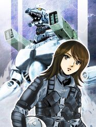  brown_eyes brown_hair commentary_request female godzilla_(series) kaijuu lightning mecha mechagodzilla photoshop_(medium) pilot_suit puchikotei roaring robot short_hair type-3_kiryuu weapon yashiro_akane 