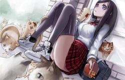  bad_id bad_pixiv_id black_hair black_thighhighs blue_eyes drink feline female food french_fries long_hair miniskirt original photoshop_(medium) plaid plaid_skirt pleated_skirt red_skirt skirt solo tea_(nakenashi) thighhighs 