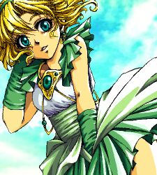  aqua_eyes blonde_hair brooch commentary_request dutch_angle earrings female green_skirt green_wrist_cuffs hououji_fuu jewelry lowres magic_knight_rayearth miniskirt oekaki official_alternate_costume pino_(pixiv2314364) pleated_skirt short_hair skirt skirt_grab sky smile solo wind 