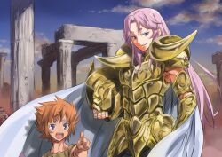  2boys aries_muu armor blue_eyes cape commentary_request gold_armor gold_saint helmet holding holding_helmet isedaichi_ken kiki_(saint_seiya) light_purple_hair long_hair looking_at_viewer male_focus multiple_boys open_mouth orange_hair pointing pointing_at_viewer purple_eyes ruins saint_seiya short_hair unworn_headwear unworn_helmet 