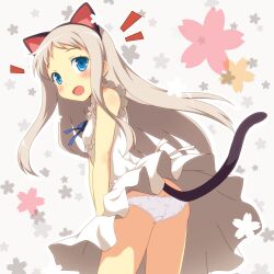  animal_ears ano_hi_mita_hana_no_namae_wo_bokutachi_wa_mada_shiranai. ass blue_eyes blush cat_ears cat_tail clothes_lift commentary_request dress dress_lift female grey_hair honma_meiko kemonomimi_mode long_hair open_mouth panties short_dress sleeveless sleeveless_dress solo tail underwear upskirt v_arms white_dress white_panties wind yamasan 