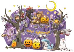  bad_id bad_pixiv_id banner bare_tree bat_(animal) broom candy chameleos chibi creature crescent_moon english_text food genprey ghost gigginox halloween happy_halloween hat hood jack-o&#039;-lantern khezu khezu_whelp lagiacrus lollipop minimized monster monster_hunter_(series) moon nargacuga no_humans photoshop_(medium) pumpkin robe scarf sitting star_(symbol) swing tigrex tree velociprey witch_hat yakiudon yian_garuga yian_kut-ku 