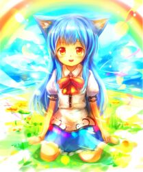  animal_ears barefoot blue_eyes cat_ears commentary_request feline female highres hinanawi_tenshi kemonomimi_mode long_hair rainbow red_eyes sakura_ani sitting solo touhou wariza 