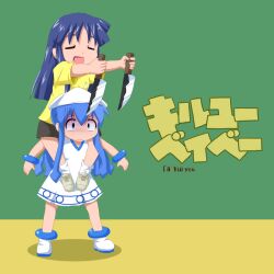  2girls aizawa_chizuru blue_eyes blue_hair closed_eyes commentary_request dress dual_wielding english_text hat holding ikamusume kill_me_baby knife long_hair multiple_girls open_mouth parody shinryaku!_ikamusume shishinon tentacle_hair title_parody translated 