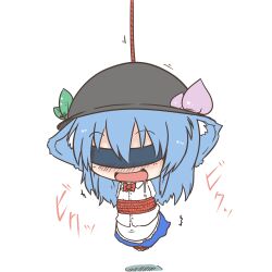  animal_ears blindfold blush bondage bondage bound cat_ears chibi chibi_only commentary_request dekasudachin drooling female food fruit happy hat hinanawi_tenshi kemonomimi_mode leaf masochism open_mouth peach rope saliva shadow solo touhou 