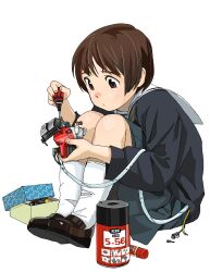  akai_sashimi blush brown_eyes brown_hair cable commentary_request female highres hugging_own_legs original repairing school_uniform screwdriver serafuku short_hair simple_background sitting socks solo tools white_background 