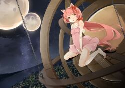  animal_ears armillary_sphere bad_id bad_pixiv_id barefoot bow brown_eyes cat_ears chains cityscape colored_eyelashes dress dutch_angle fake_animal_ears female hair_ribbon hairbow hat highres long_hair moon multiple_moons nekomura_iroha night pink_hair ponytail ribbon sky solo very_long_hair vocaloid yuu_(kyuutai_kansetsu) 