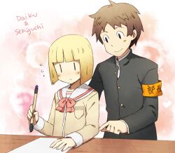  1boy armband blonde_hair blunt_bangs blush bob_cut brown_hair calligraphy calligraphy_brush couple daiku_kenzaburou female flying_sweatdrops nichijou paintbrush paper pointing school_uniform sekiguchi_yuria short_hair smile straight sweat table tokisadame_school_uniform weee_(raemz) |_| 