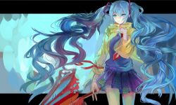  absurdres blue_eyes blue_hair closed_umbrella commentary_request derivative_work female hatsune_miku highres huanghongqiang long_hair nail_polish necktie raincoat skirt smile solo twintails umbrella very_long_hair vocaloid yellow_raincoat 