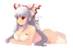  ... ass bare_shoulders blunt_bangs bow bra breasts chibi chibi_inset cleavage crossed_arms female fujiwara_no_mokou grey_hair hairbow houraisan_kaguya large_breasts lingerie long_hair lying on_stomach panties red_eyes shin_(new) simple_background solo thighhighs touhou underwear underwear_only white_thighhighs 