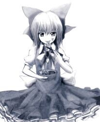  bad_id bad_pixiv_id chopsticks cirno eating eruza female food highres kamaboko monochrome narutomaki noodles solo touhou 