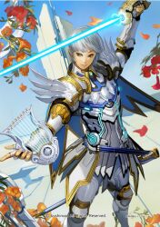  1boy androgynous arm_up armor bishounen blue_eyes breastplate capelet cardfight!!_vanguard character_name commentary_request company_name day energy_sword fantasy faulds fingerless_gloves flower full_armor gloves greaves grey_hair holding holding_sword holding_weapon instrument light_smile lyre male_focus neon_trim official_art outdoors outstretched_arm pauldrons petals rapier scabbard sheath shoulder_armor sky smile solo standing sword takayama_toshiaki tategoto_no_kishi_tristan vambraces weapon 