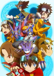  6+boys akashi_tagiru arresterdramon bad_id bad_pixiv_id blue_eyes brown_eyes brown_hair daimon_masaru_(digimon_savers) digimon digimon_(creature) digimon_adventure digimon_adventure_02 digimon_frontier digimon_savers digimon_tamers digimon_xros_wars fur gloves goggles gumdramon hajime_(hajime-ill-1st) highres jacket kanbara_takuya kudou_taiki matsuda_takato motomiya_daisuke multiple_boys navel red_eyes red_hair scarf yagami_taichi 