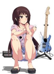  blue_skirt brown_hair commentary_request crocs digital_media_player effects_pedal electric_guitar female fender_starcaster grey_eyes guitar guitar_stand instrument legs long_hair miniskirt original panties pantyshot pleated_skirt skirt solo squatting tomohiro_kai underwear very_long_hair whammy_bar white_background 