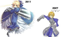  2007 2011 ahoge aqua_eyes armor artist_progress artoria_pendragon_(fate) before_and_after blonde_hair commentary_request excalibur_(fate/stay_night) fate/stay_night fate_(series) female gauntlets greaves hair_ribbon highres kinntarou photoshop_(medium) redrawn ribbon saber_(fate) short_hair simple_background sword weapon 