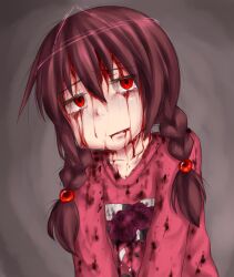  aosora_(mizore) bad_id bad_pixiv_id blood blood_from_eyes blood_from_mouth blood_on_clothes blood_on_face braid brown_hair collarbone crying crying_with_eyes_open depressed despair female furrowed_brow ghost gloom_(expression) hair_between_eyes hair_bobbles hair_ornament head_tilt injury jitome leaning_forward light_smile long_hair long_sleeves looking_up madotsuki messy_hair open_mouth parted_lips pink_shirt red_eyes red_shirt shirt solo streaming_tears tears torn_clothes triangular_headpiece twin_braids twintails upper_body yume_nikki 