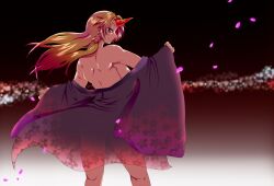  back bare_back blonde_hair breasts commentary_request dress female floral_print horns hoshiguma_yuugi hoshiguma_yuugi_(kimono) japanese_clothes kimono large_breasts legs long_hair long_sleeves nabe_(ingenmame) naked_kimono off_shoulder open_clothes open_dress petals pink_dress red_eyes see-through sideboob single_horn smile solo thighs touhou yukata 