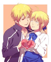  1boy ahoge anger_vein artoria_pendragon_(fate) bad_id bad_pixiv_id blonde_hair casual fate/stay_night fate_(series) female gilgamesh_(fate) gilgamesh_(immoral_biker_jacket)_(fate) heart heart_hands heart_hands_duo heart_hands_failure official_alternate_costume red_eyes saber_(fate) short_hair straight thumbs_down yone_f15 