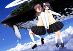  2girls animal bad_id bad_pixiv_id black_hair blush brown_eyes brown_hair cloud day floating flying_whale holding_hands loafers looking_at_viewer multiple_girls nanahime necktie open_mouth original purple_eyes school_uniform shoes skirt sky smile socks sweater_vest twintails whale white_legwear 