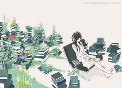  arakawa_(aintnoroom) bad_link barefoot black_hair book book_focus book_stack bookmark closed_eyes digital_media_player feet female flower green_theme headphones ipod listening_to_music nature original overgrown pale_color plant simple_background sitting skirt solo too_many too_many_books tulip watermark web_address white_background white_theme 