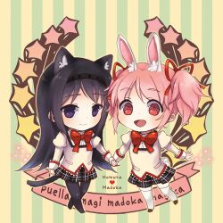  2girls akemi_homura animal_ears black_hair black_skirt cat_ears cat_tail chibi commentary_request english_text hair_ribbon hairband heart himaya holding_hands kaname_madoka long_hair lowres mahou_shoujo_madoka_magica mahou_shoujo_madoka_magica_(anime) miniskirt mitakihara_school_uniform multiple_girls open_mouth pantyhose photoshop_(medium) pink_eyes pink_hair plaid plaid_skirt pleated_skirt purple_eyes rabbit_ears rabbit_tail ribbon school_uniform short_hair short_twintails skirt star_(symbol) tail twintails 